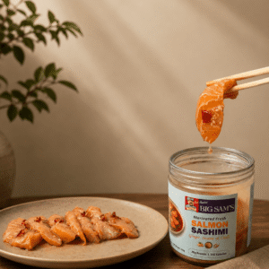 Marinated Fresh Salmon Sashimi (Ginger , Sesame & Chilli) 100g (5-7 pieces)